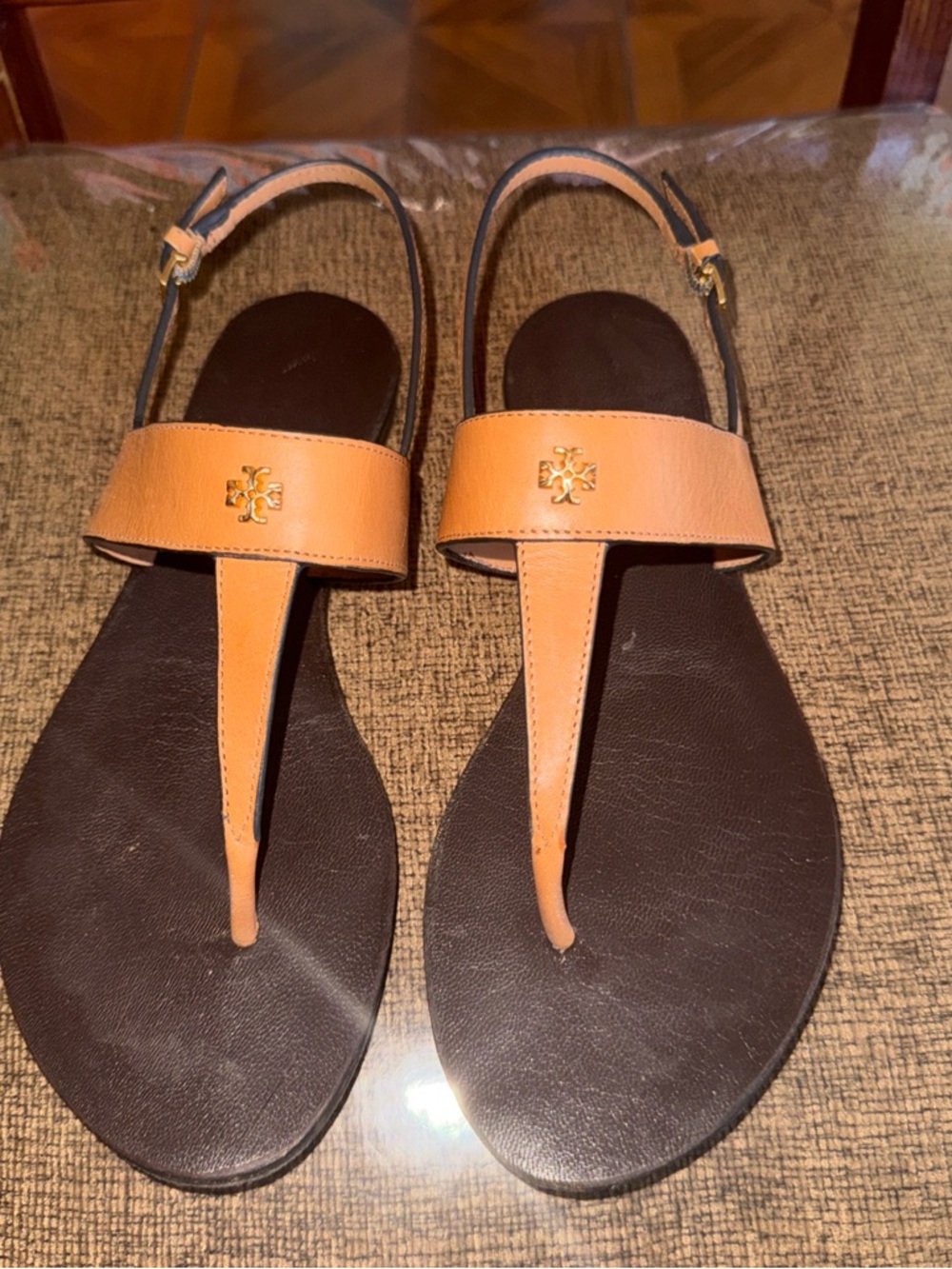 Tory Burch Tan Leather T-Strap Sandals with Gold Logo